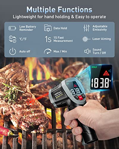 Eventek Infrared Thermometer Gun, [3 In 1] -58°F~1112°F (-50°C~600°C) Digital Laser Temperature Gun For Cooking, Pizza Oven, Grill & Engine With Adjustable Emissivity, Meat Thermometer & Bag Included #TOP1