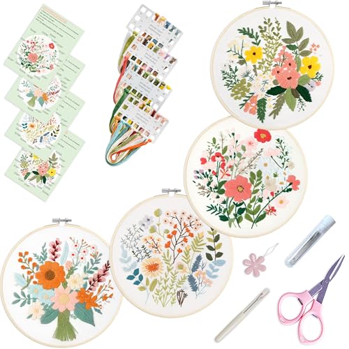 Image of SevFan 4 Sets Embroidery Kit for Beginners Adults,Needlepoint Kits for Adults with Easy Stamped Floral Pattern Fabric Hand Crafts,Bamboo Hoop,Needle,Cloth,Embroidery Kit for Decor Home Room(Flower-8)