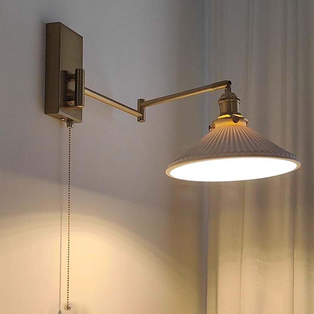 Vintage Industrie Wandleuchte mit Schalter Innen Wandlampe Keramik Lampenschirm Leselampe Gold Faltbar Wandbeleuchtung mit Schwenkbarem Arm Nachttischlampe E27 Fassung für Wohnzimmer Schlafzimmer