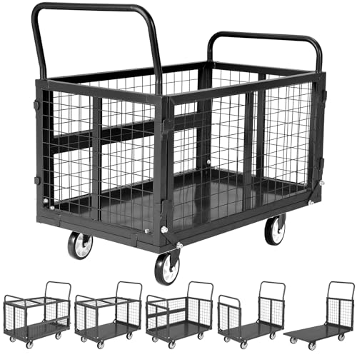 Heavy Duty Platform Truck Cart with Cage,39 x 24in Hand Moving Cart 2000LBS Capacity Multi-Functional Cage Carts with Basket for Warehouse Luggage Mov