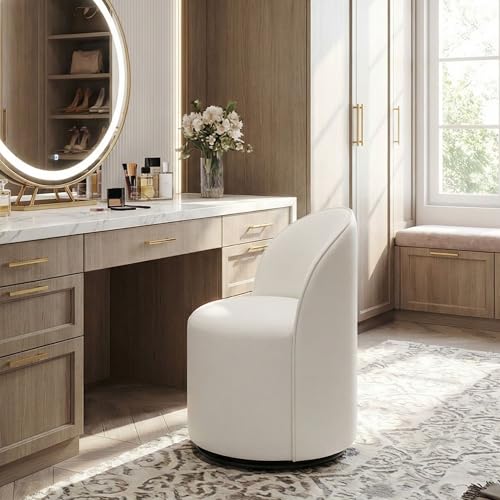 Image of HNY Upholstered Kitchen & Dining Room Barrel Chair, Mid Century Modern Round Velvet Dining Chair, 360 Degree Swivel Comfy Armless Accent Makeup Vanity Side Chair for Bedroom Living Room, White