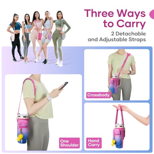Image of linmaya Water Bottle Carrier Bag with Phone Pocket for Stanley Cup 40 /30oz,Insulated Neoprene Water Bottle Holder Cross-boday Bag with Adjustable Shoulder & Handheld Strap Stanley Cup Accessories