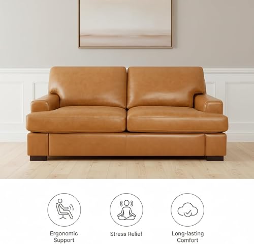Miniatura 3 de Naomi Home Genuine Leather Oversized Loveseat Sofa - Luxurious Comfort Love Seat Sofas, Goose Feather Cushion Filling, Square Arm Design, Sturdy