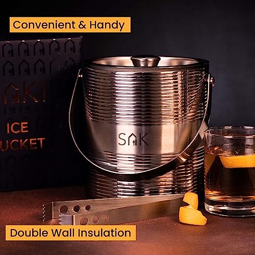 Image of SAKI | Metallic Ripple Ice Bucket with Tong - 1500 ml | Stainless Steel Double Walled Insulated | Ice Bucket for Bar & Home | Ripple Design Ice Bucket | Perfect for Gifting (Silver Finish)