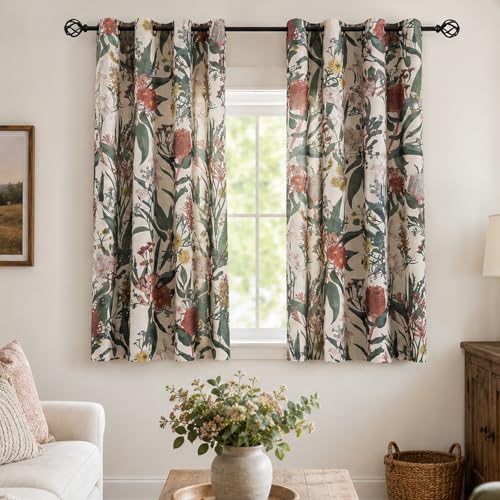 Image of Linen Botanical Curtains 63 Inch Length Pair Whimsical Protea Flower Garden Curtains Retro Farmhouse Light Filtering Window Curtain Panels for Dining Room Country Cottage Home Decor 50 inch W x 63 inch L