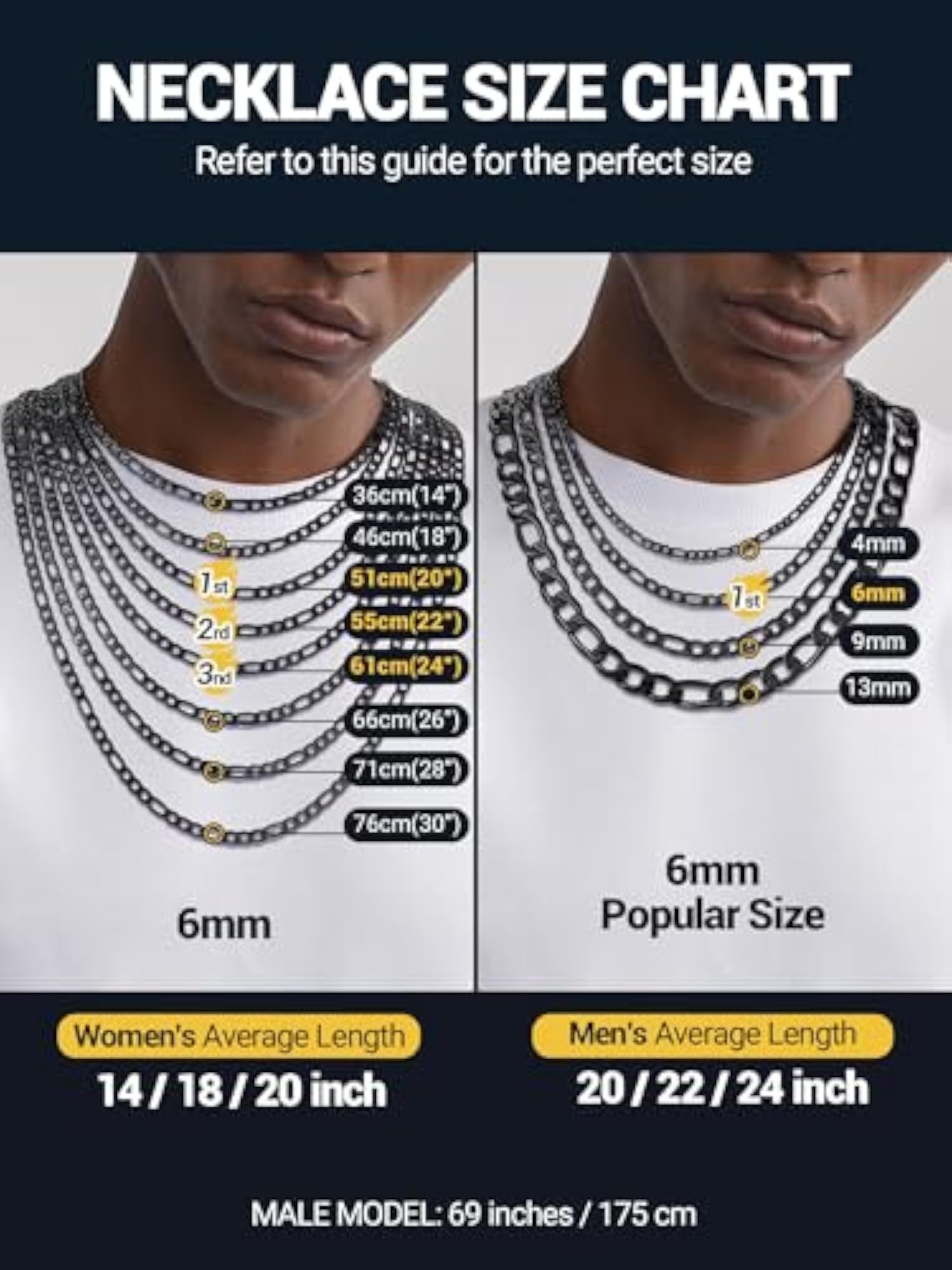 Figaro Chain Necklace for Men/Women, Black/Gold Plated