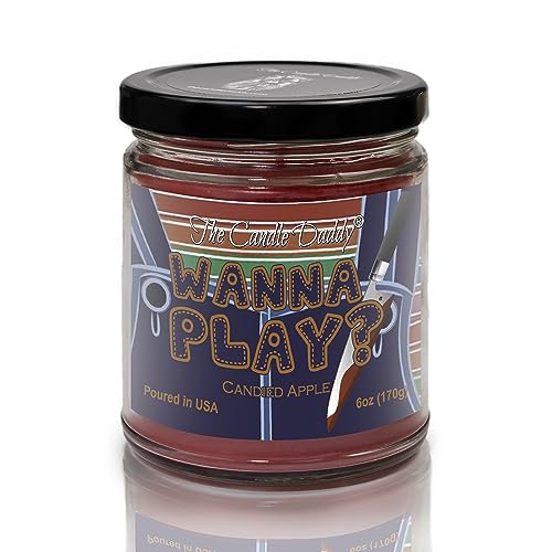Wanna Play? - Scary Candied Apple Scented Horror Movie Candle - Halloween 6 Oz Jar Candle - 40 Hour Burn Time