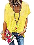 Minetom Damen Sommer Kurzarm Blusen T-Shirt V-Ausschnitte Loose Oversize Shirt Oberteile Chic Top Gelb DE 40