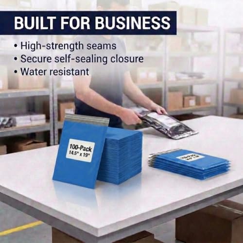 Image of BOX USA Shipping Bags 14 x 19 (100-Pack) Blue - Large Heavy Duty Self-Adhesive Envelope Poly Mailers for Packing