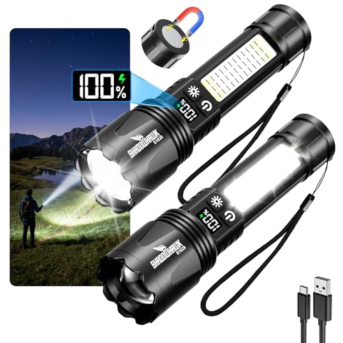Shadowhawk 2 Stück Extrem Hell Taschenlampe Led Aufladbar- 7 Modi & Zwei Schalter Taktische Taschenlampen mit COB Arbeitsleucht USB C+A Flashlight für Camping/Outdoor/Notfälle N45 Magnet&LCD Display
