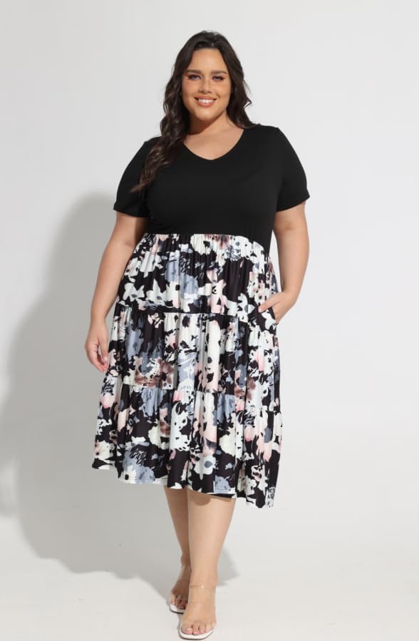 CARCOS Plus Size Dresses for Women Summer Short Sleeve V Neck Patchwork Dresseses XL-5XL - Image 2