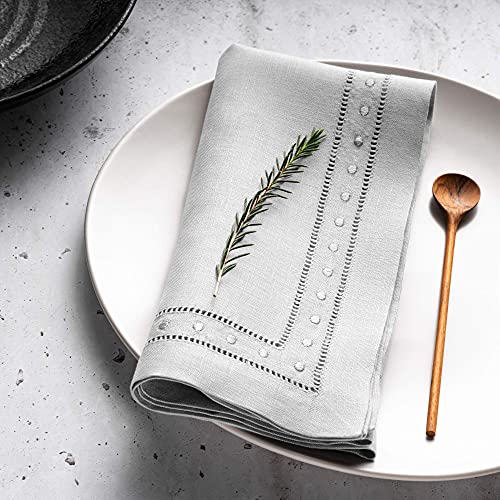 O'lucio Linen Napkins Cloth, Light Grey 45 x 45 cm, Set of 4 Hemstitched Dinner Napkins with Embroidered Swiss Dot - Image 2
