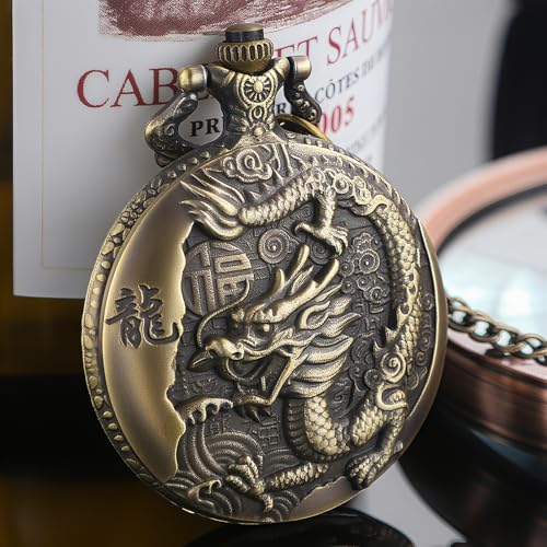 Image of Tiong Pocket Watch Pattern Vintage Quartz Pocket Watches with Chain Christmas Graduation Birthday Gifts Fathers Day