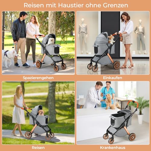 MAMIZO Faltbarer Hundebuggy One-Touch, Faltbar Katzenwagen, Bis 25 kg, Aluminium-Carbonstahl-Gestell, Höhenverstellbarer Griff, Getränkehalter, 4 PCS 360° Gummiräder, für kleine Hunde Katz, Dunkelgrau