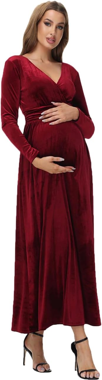 JustVH Velvet Maternity Off Shoulder Half Circle Fitted Gown Maxi Photography Dress for Baby Shower Photo Props Dress