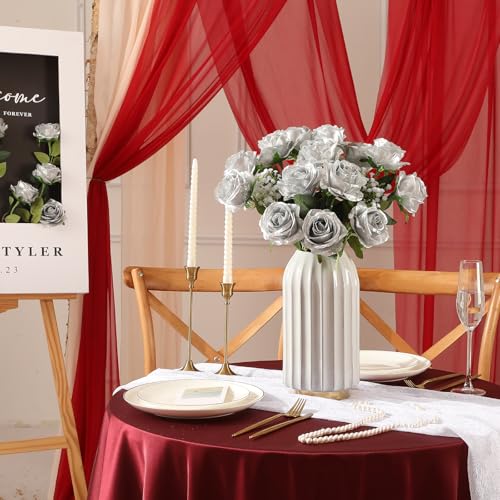 Image of Tifuly 12Pcs Roses Long Stem Fake Silk Artificial Flowers Silver