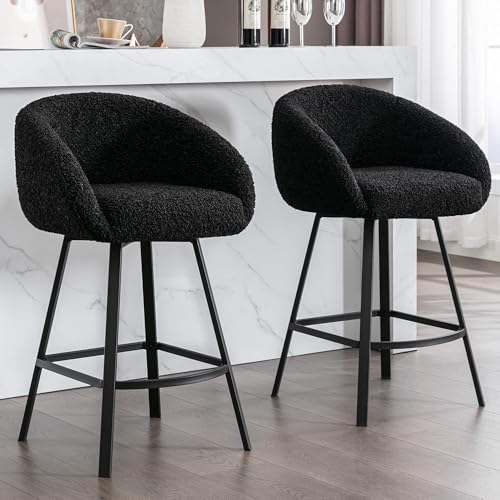 Image of Zesthouse Swivel Counter Height Stools Set of 2, Modern Bar Stools for Kitchen Island, 26'' Black Sherpa Kitchen Counter Height Chairs with Barrel Arms & Backs, Upholstered Fabric Bar Chairs