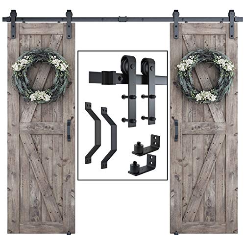 Smartstandard 8Ft Double Sliding Barn Door Hardware Whole Kit (Include 8Ft Double Track Kit & Pull Handle Set & Floor Guide), Smoothly And Quietly, Easy To Install, Fit 24" Wide Door Panel (J Shape) #TOP29