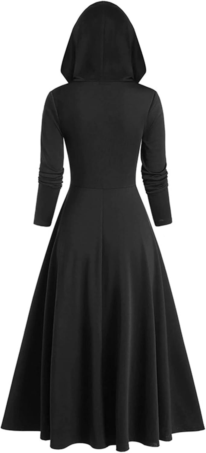 FEOYA Gothic Hooded Sweatshirt Dress for Women High Low Medieval Cloak Robe Steampunk Halloween Dresses Pullover - Image 3
