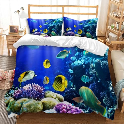 Funda Nordica Cama 105 Pez Tropical Ropa de Cama Arrecife Microfibra Suav Funda Edredon 200x200, Funda Nórdica Coral y 2 Funda de Almohada 50x80 cm, e6103
