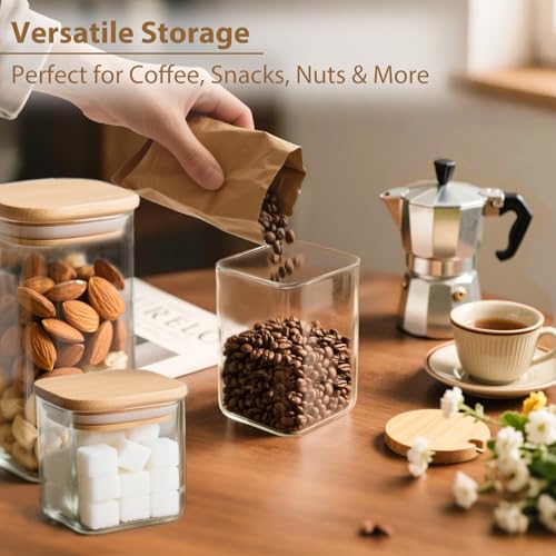 TBWIND 6 Pack Square Glass Storage Containers with Bamboo Lids (24oz/37oz/51oz) – Clear Food Airtight Canisters Sets for The Kitchen, Glass Jars for Coffee Beans, Coffee, Flour, Snacks, Spices — view 5