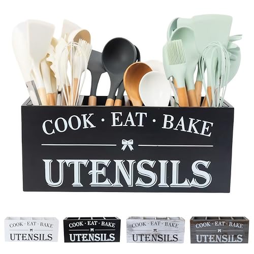 Utensil Holder,Extra Large Wooden Utensil Holder For Kitchen Counter,Cooking Spatula Organizer,Big Storage Caddy With 4 Compartments Flatware Spoon Tool Cutlery