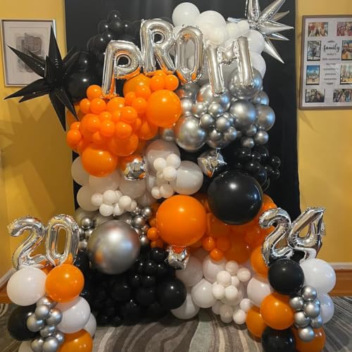 Image of MEBAY Orange Black White and Metallic Silver Balloons Garland Arch Kit, 146 Pcs Latex Balloons with Confetti for Birthday Party Graduation Father's Day Anniversary Bachelorette Party Decoration