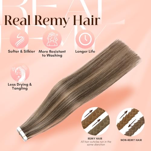 Image of Elailite Tape in Hair Extensions Human Hair Thick Real Remy Hairpieces Medium Brown & Dark Blonde 22 Inch 50g 20pcs Straight Invisible Seamless Skin Weft Best Tape for Women