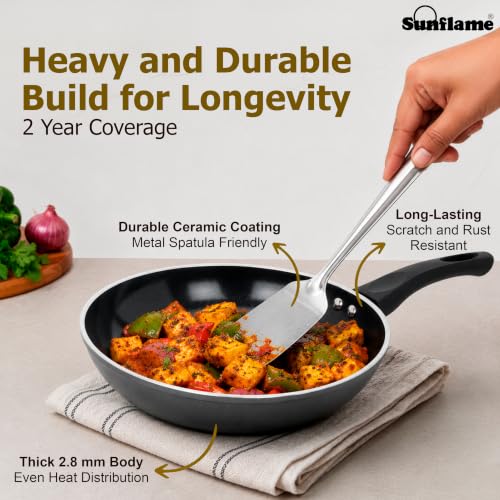 Image of Sunflame Ceramic Non-Stick Fry Pan 24 cm with Glass Lid | No PFOA, PFAS, PTFE | Induction and Gas Stove Compatible | 2 Year Warranty by Sunflame | Requires Less Oil, Easy to Clean, Prevents Burning