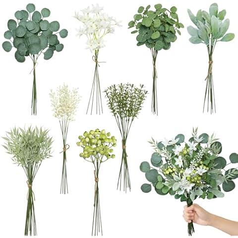 KHOYIME Artificial Greenery Stems Box Set 75PCS with 8 Kinds of Fake Eucalyptus Stems Plants Faux White Flowers Berries Bulk, DIY Floral Bouquets Arrangement for Home Wedding Table Centerpieces Decor Cover