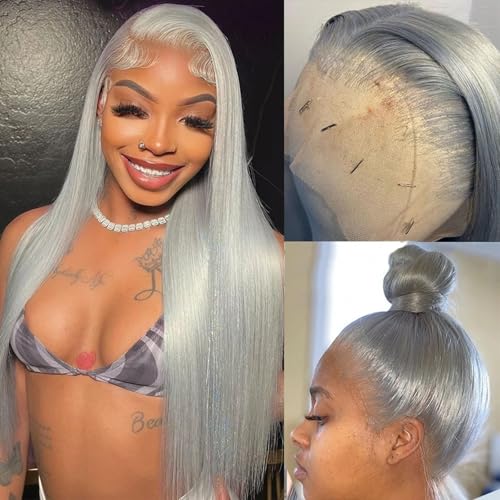 KINCYDU 13x4 HD Lace Front Wigs 28 Inch Grey Color Natural Straight Lace Frontal Wig Gray Pre Plucked with Baby Hair Wig 200% Density Synthetic Heat Resistant Fiber Hair For Black Women