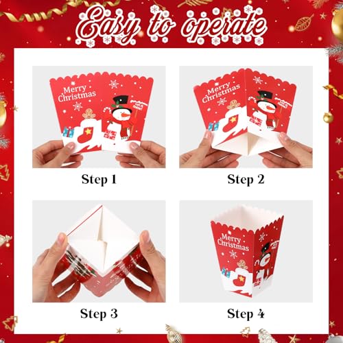 Baderke 24 Pcs Christmas Popcorn Boxes Mini Xmas Treating Candy Cookie Treat Box Snowman Santa Snowflake Paper Popcorn for Movie Night Christmas Party Decorations, 4 Design (Snowman Style) by Baderke - Image 3