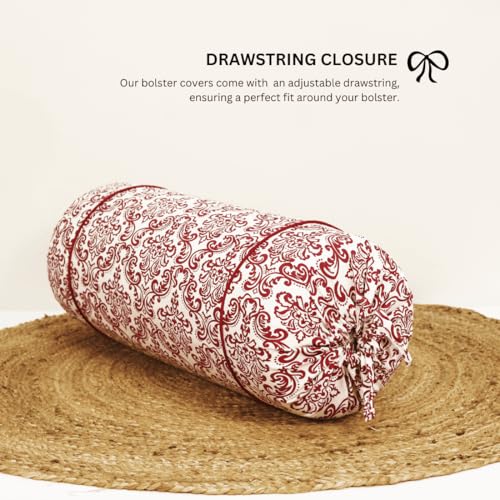 Image of AURAVE Cotton 144 TC Printed Bolster Cover with Drawstring Closure, Set of 2, Soft Breathable Durable Machine Washable for Sofa Bed & Home Decor, 15 inchx30 inch, Maroon | Cover Only
