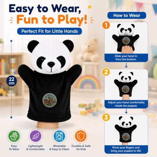 Image of Panda Hand Puppet 22 cm | Cute Black & White Animal Hand Puppet for Kids | Soft Plush Storytelling Toy | Interactive Pretend Play Puppet for Boys & Girls | Educational Learning