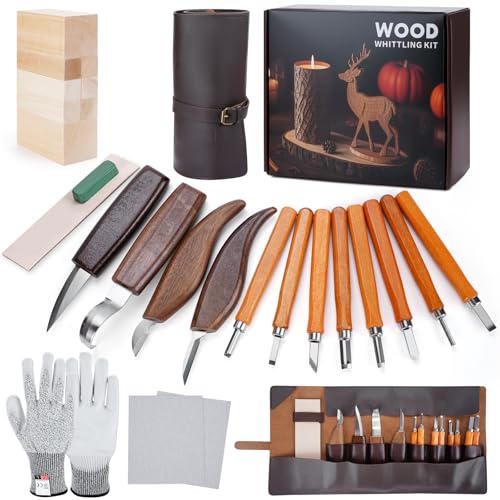 Gubias para Tallar Madera 26Piezas, Tallar Madera Herramientas Kit, Tallar Mfadera con Guantes Anticorte y Bloques de Tilo, wood carving tools para Principiantes, Adultos Y Profesionales Escultores