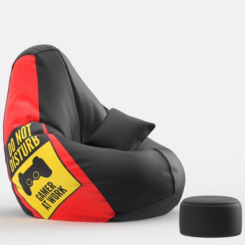 Image of BiggieBean 4XL Bean Bag Chair with Beans Filled - Bean Bag Sofa with Footrest Gamer at Work Black Red Faux Leather Bean Bags for Living Room, Bedroom - Free Cushion & Footrest - PrintPal Combo