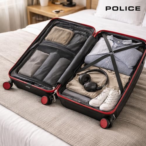 Image of Police Primex Bi-Color Trolley Bag | Hard PP Check-in Suitcase with TSA Lock & 8 Spinner Wheels | Lightweight Travel Luggage for Men & Women | Black /Red (Set of 3)