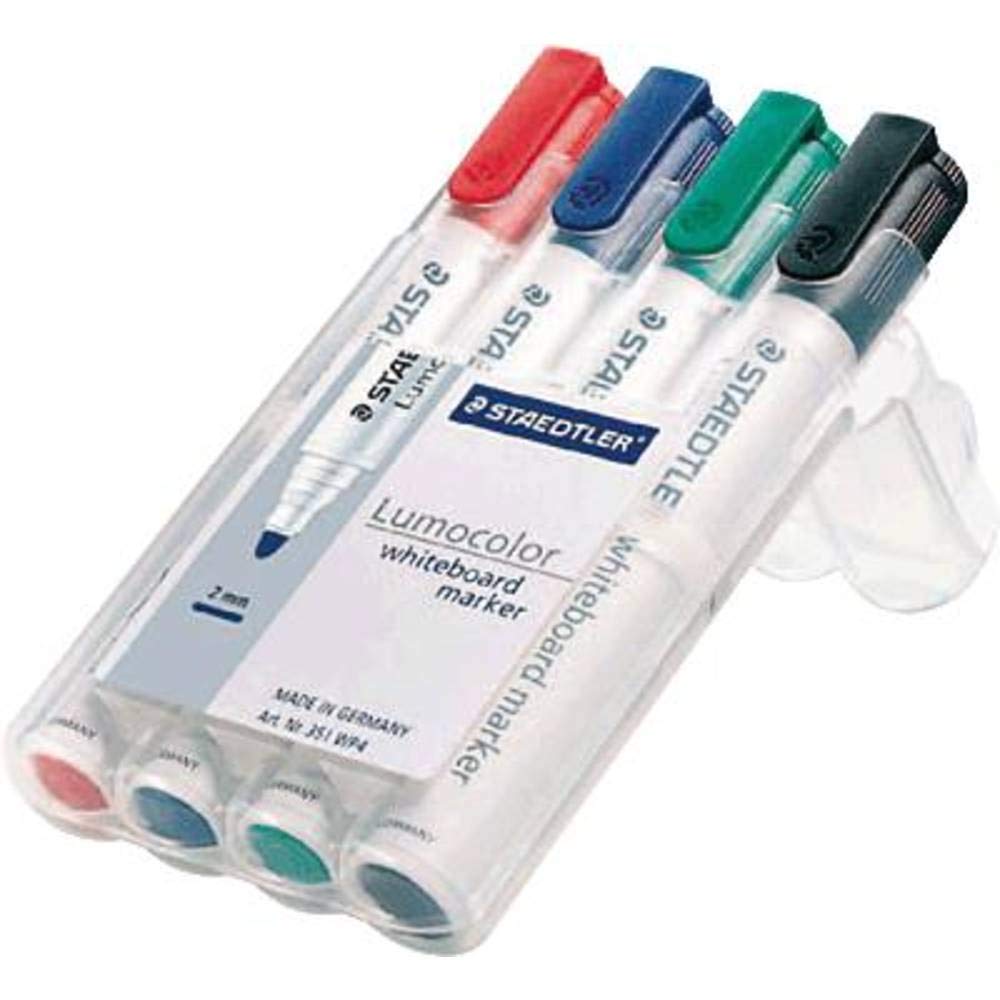 Staedtler Marker do tablic suchościeralnych Lumocolor, okrągła końcówka ok. 2 mm szerokości linii, zestaw 4 kolorów, wysoka jakość Made in Germany, ścieralny na sucho i bez pozostawiania śladów na Whiteboards, 351 WP4