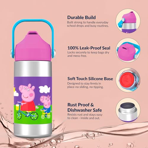 Image of Rabitat Sipzy Peppa Pig Stainless Steel Kids Water Bottle 410ml | 2 Year Brand Warranty | Insulated School Bottle for Boys & Girls | Hot & Cold 20 Upto Hours | Leakproof BPA Free | Follow Me