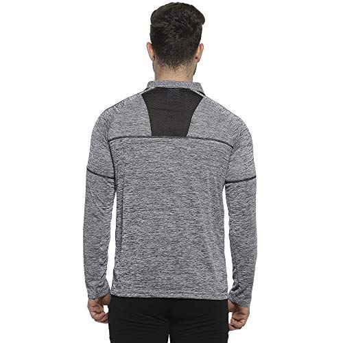 Image of Cahoot Men's Black & Grey Heathered Contrast Activewear T-Shirt for Casual Wear | Spread Collar | Long Sleeve | Half-Button Closure | T-Shirt Crafted with Comfort Fit for Everyday Wear