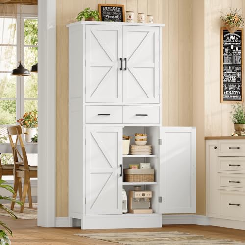 Image of TEENFON Farmhouse Pantry Cabinet, 66.9″H Tall Kitchen Storage Cabinet with Barn Doors, Adjustable Shelves & Drawer, Freestanding Cupboard for Kitchen, Dining Room, Living Room, Bathroom, White