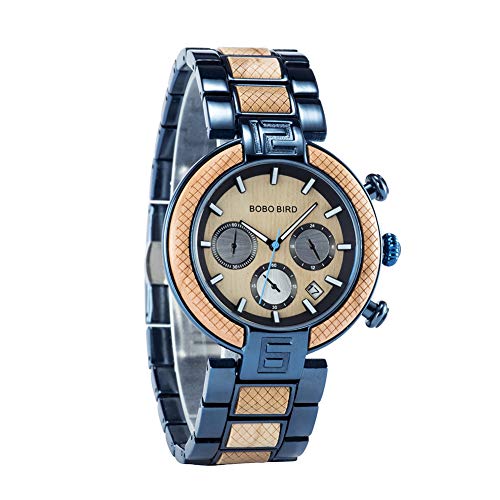 Mens Wooden Watches Olive Wood & Stainless Steel Watch Band Multifunction Chronograph Quartz Movement Date Display Wristwatch for Men