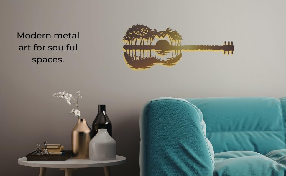 Image of METSY Wall Decor Metal Wall Decor Guitar Art|Wall Hanging Decor Abstract Guitar Sunset With Palm trees For Home Decoration with backlit (90cmx 38cm x1.2mm)