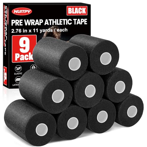 9 Pack Pre Wrap Athletic Tape 2.76 Inch x 11 Yards Prewrap Tape for Hair Soccer Pre Wrap Foam Underwrap Tape Soccer Pre Wrap Tape Prewrap Tape for Hair Wrists Hands Ankles Knees - Black