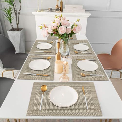 Image of Amazon Brand - Umi PVC Vinyl Box Design Placemat ST0000434 - Heat Resistant, Wipe Clean, Anti-Skid Table Mats for Dining Table, KitchenHome Decor (30x45 CM Golden Set of 6)