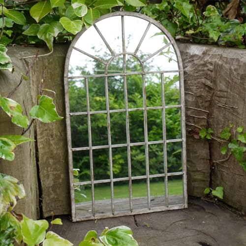 Arched Metal & Glass Garden Mirror for Outdoor Wall Decorative Weathered for Patio Fence Courtyard and Indoor Use 60cm x 36cm