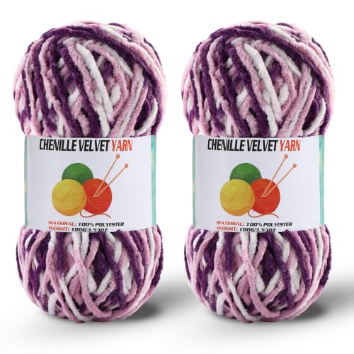 Image of 2 * 100g /3.5oz Fluffy Chenille Yarn for Crocheting, Chunky Velvet Yarn for Crochet Amigurumi, Used for Making Baby Yarns Blanket, Clothes, Pattern Knitting Creations (Colorful-F)