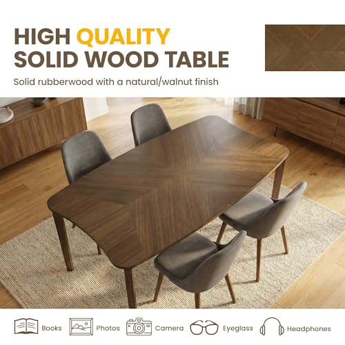 Image of HNY Modern Curved Edge Dining Table, 63 inch Solid Wood Kitchen Table with Herringbone Pattern Mid-Century Rectangular Dinner Table for 6-8 People, Walnut Color Finish