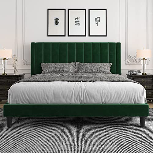 Image of Allewie King Bed Frame /Velvet Upholstered Bed Frame with Vertical Channel Tufted Headboard /Strong Wooden Slats /Platform Bed Frame /Mattress Foundation /Box Spring Optional /Easy Assembly /Green