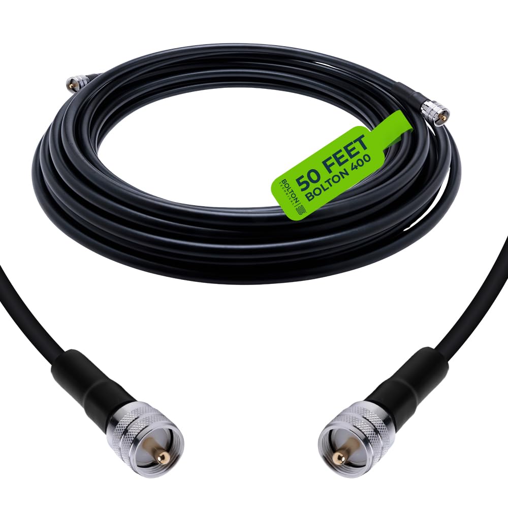Bolton400 Coaxial Cable (50 ft) with PL-259 Male-to-Male Connectors - LMR400 Spec, 50 Ohm Low-Loss RF & Antenna Coax Cable for Ham Radio, VHF/UHF, RF Systems - Black